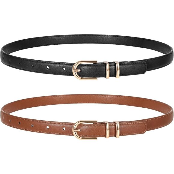 Last Chance Skinny Sculpted Buckle Belt 5/8 2 Pack Women\'s Skinny Leather Belts Black Dark Brown Thin Faux with Gold Buckle